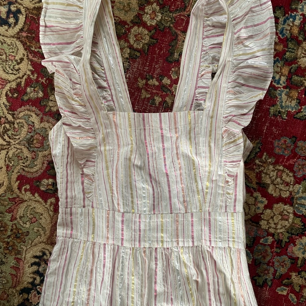 Gently preowned LOFT sundress pinafore lurex stripes ruffle hem 0 - Picture 2 of 10
